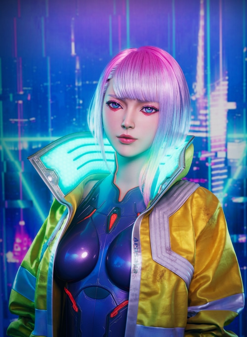 Lucyna Kushinada from Cyberpunk: Edgerunners in a neon city