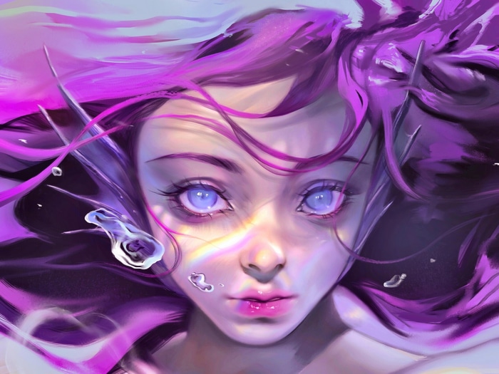 Artwork of a woman with purple hair underwater