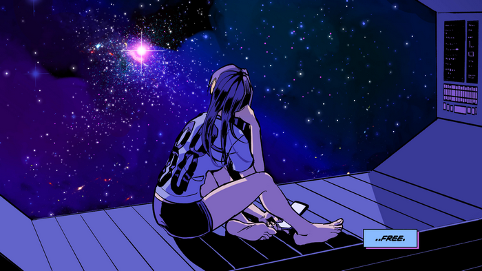 Girl in spaceship looking at galaxy