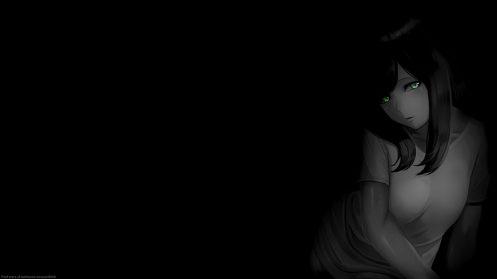 Anime girl with green eyes in darkness