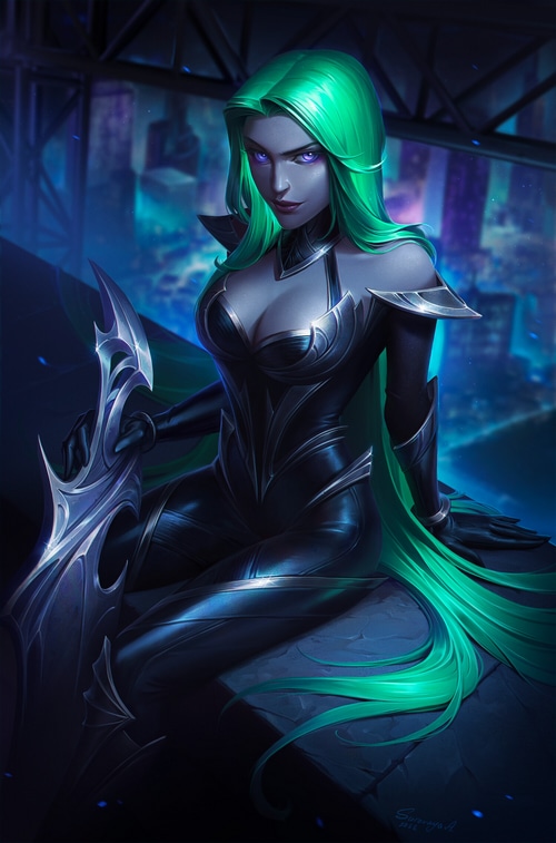 Fantasy art of a woman with green hair and a sword
