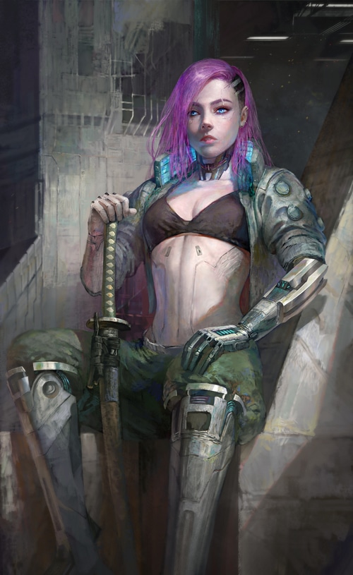 Cyberpunk warrior with pink hair and sword