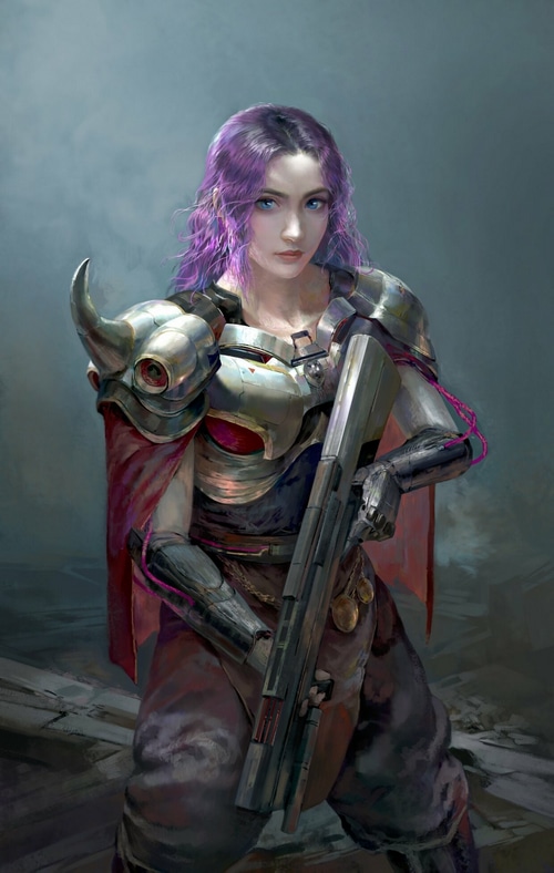 Woman with purple hair and armor holding a gun