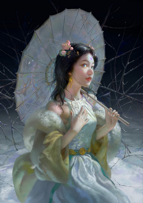 Asian woman with umbrella in winter