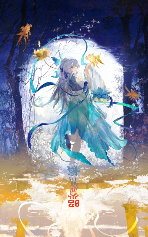 Girl with goldfish and flowers in a moonlit forest