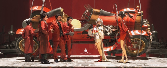 Anime characters in red suits with a vintage car