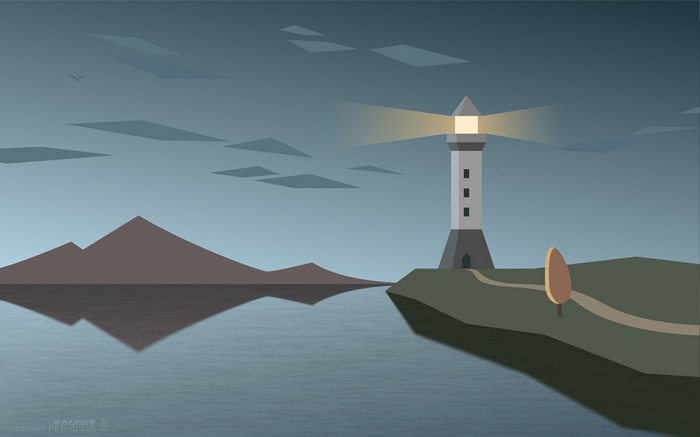 Flat design lighthouse on a rocky shore with mountains in the background