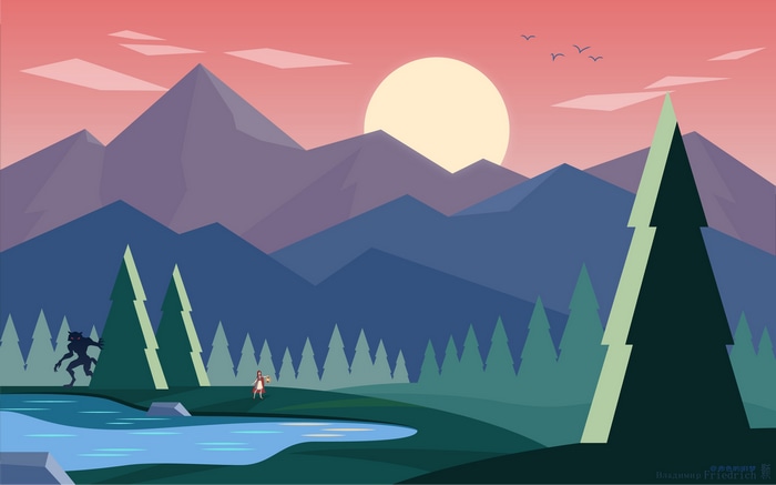 Little Red Riding Hood and wolf in a mountain landscape