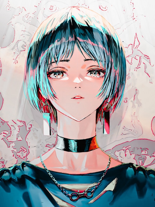Arata Yokoyama with short multi-colored hair and choker