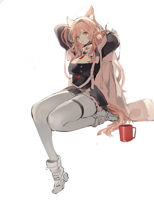 Arknights Fox Girl with Pink Hair and Red Mug