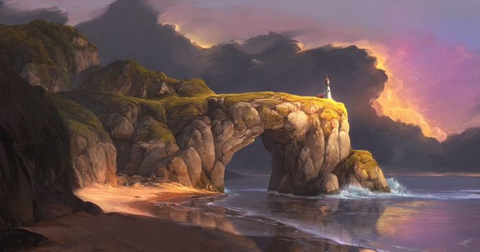 Lighthouse on a rocky arch at sunset with dramatic clouds