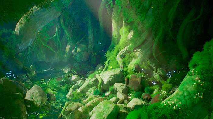 4K Unreal Engine 5 forest landscape with rocks and water