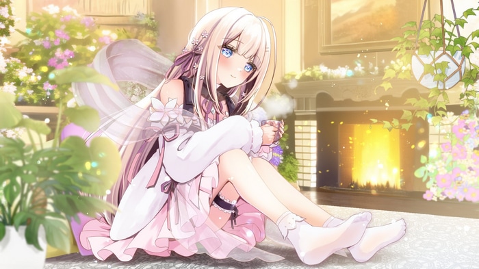 Girl with blue eyes holding a cup by the fireplace