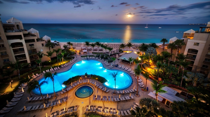 4K Swimming Pool and Beach at Dusk