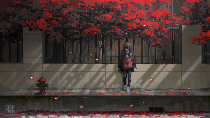 4K illustration of a girl under red trees