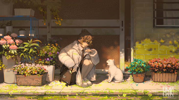 4K anime art of a person and a cat