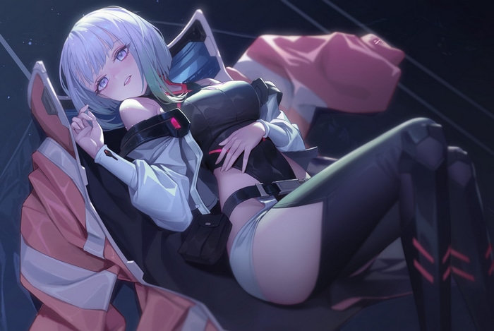 Lucyna Kushinada lying down in Cyberpunk: Edgerunners