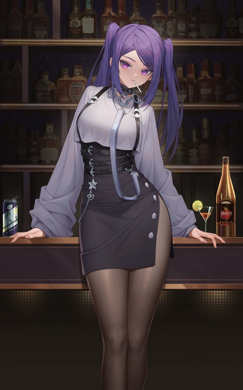 Woman with purple hair at a bar with drinks