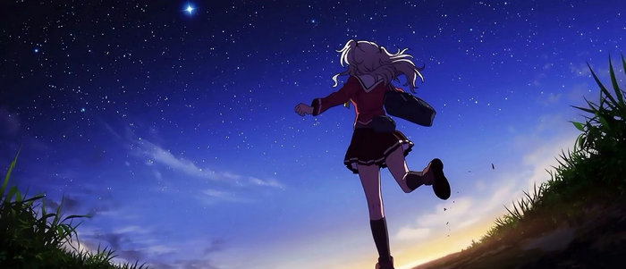 Tomori Nao running under a starry night sky