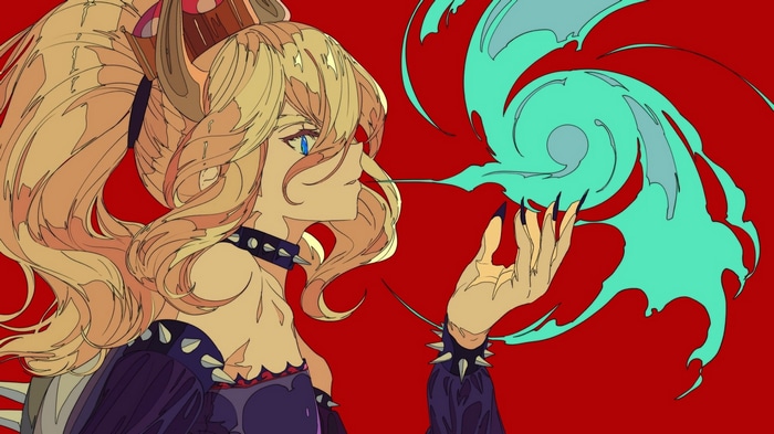 Bowsette breathing fire with blue eyes and blonde ponytail