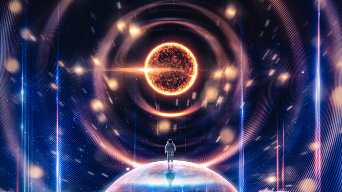 Astronaut on a planet facing a sun and event horizon