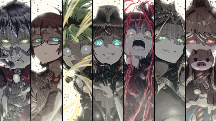 Seven characters with glowing eyes and distressed expressions