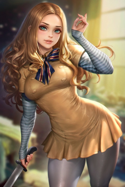 M3GAN fan art with knife and dress