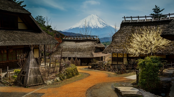 4K view of traditional Japanese village with Mount Fuji