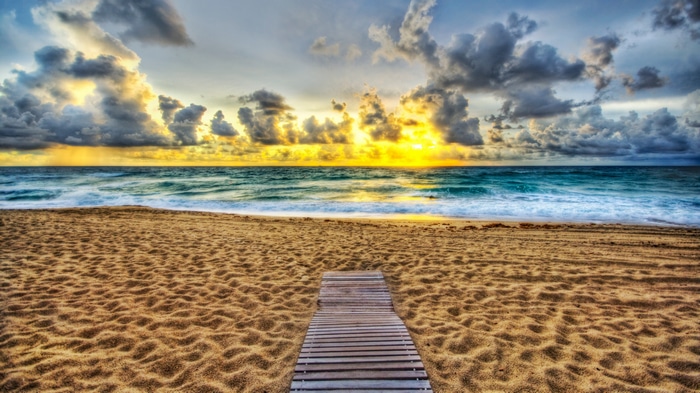 4K Beach Boardwalk at Sunset with Ocean Waves