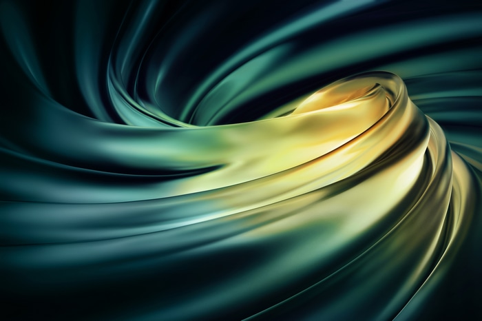 Abstract 3D swirling metallic fabric with green and gold hues