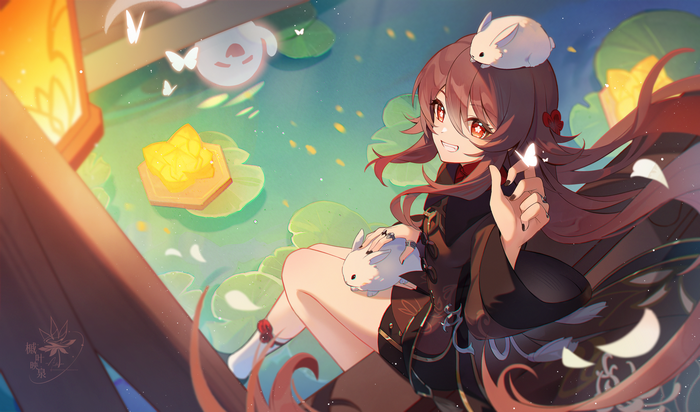 Hu Tao with rabbits and butterflies by the water