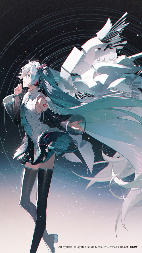 Hatsune Miku with abstract white structures in space
