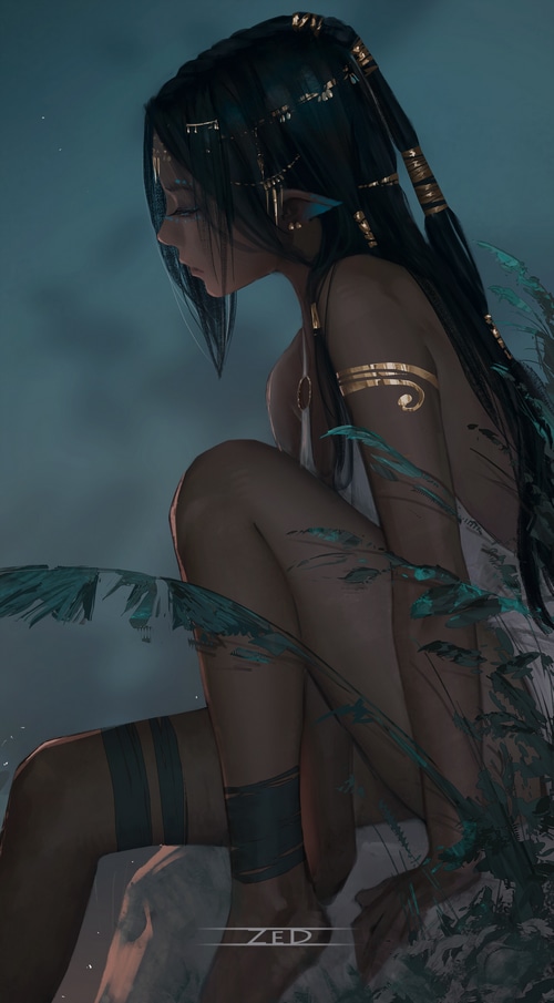 Fantasy art of a tribal woman with dark hair