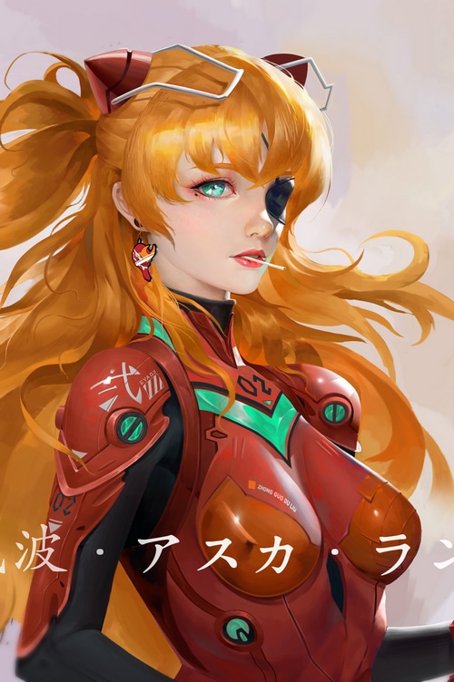 Asuka Langley Soryu in a red bodysuit with an eyepatch