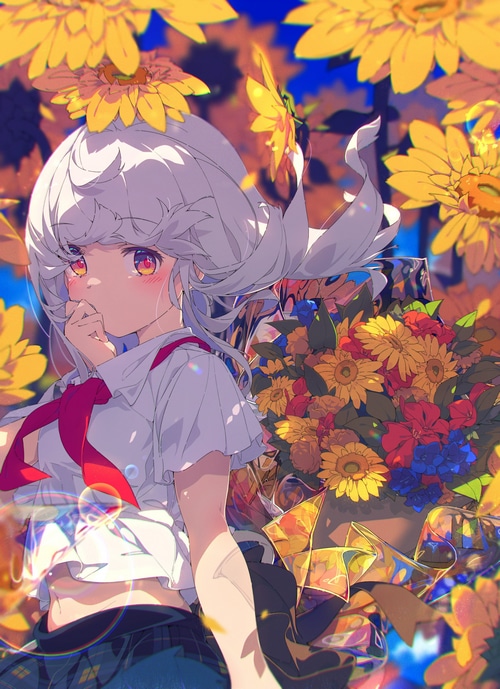 Anime girl with gray hair and sunflowers