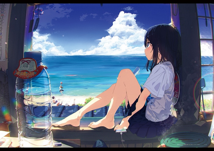 Schoolgirl looking at the sea from a window