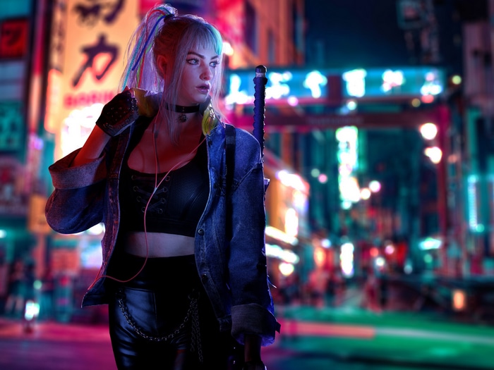 Cyberpunk woman with sword in neon city