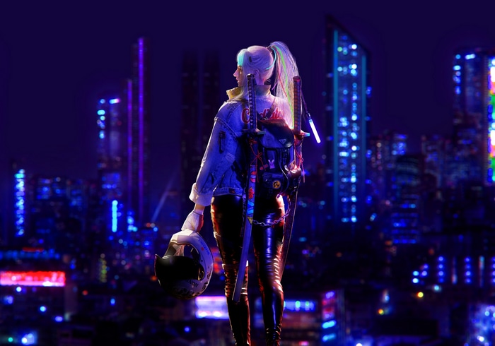 Cyberpunk woman with katana in neon city