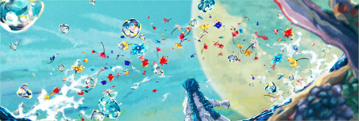 Anime girl with blue hair and braids in a world of flowers and bubbles