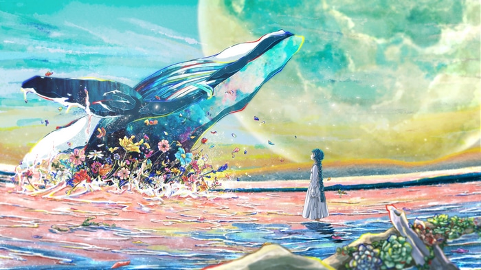 Whale with flowers and a girl by the sea