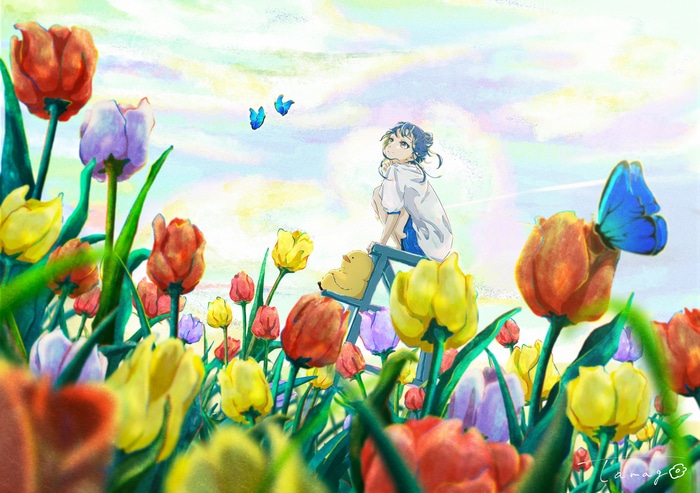 Girl with blue hair in a field of tulips with butterflies