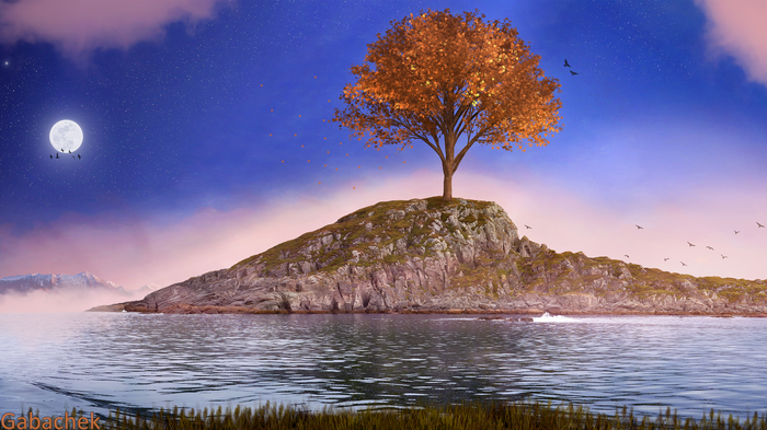 4K island with tree, moon, stars, and birds