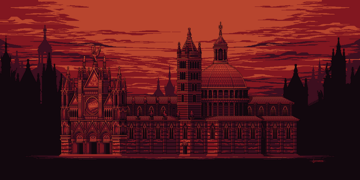 Pixel art of a gothic cathedral at sunset