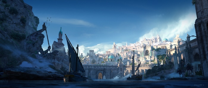 Fantasy city by the sea with ancient statues