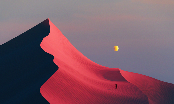 Illustration of a desert landscape with dunes and a yellow orb
