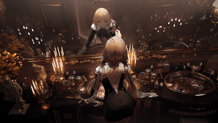 Girl in maid outfit looking in mirror with candles