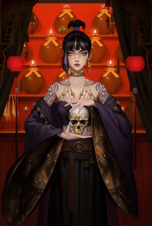 Illustration of a woman with tattoos holding a skull