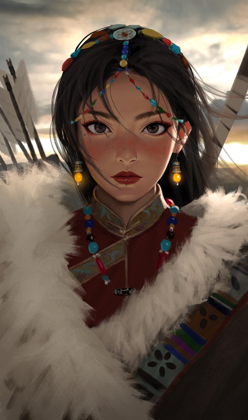 Woman with arrows and traditional attire