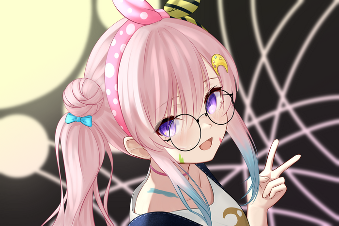 Airani Iofifteen with pink hair and glasses making peace sign
