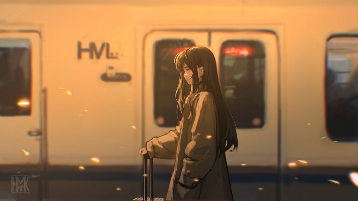 Girl with suitcase at train station